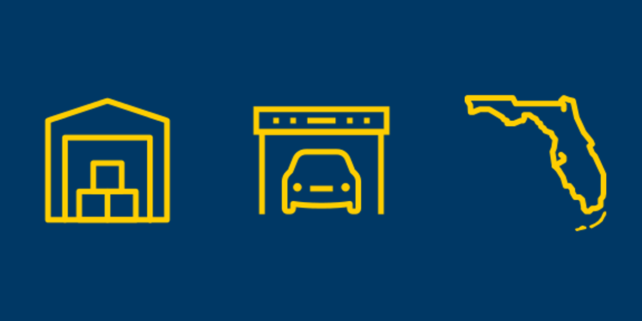 Self-storage, vehicle storage and Florida icons.
