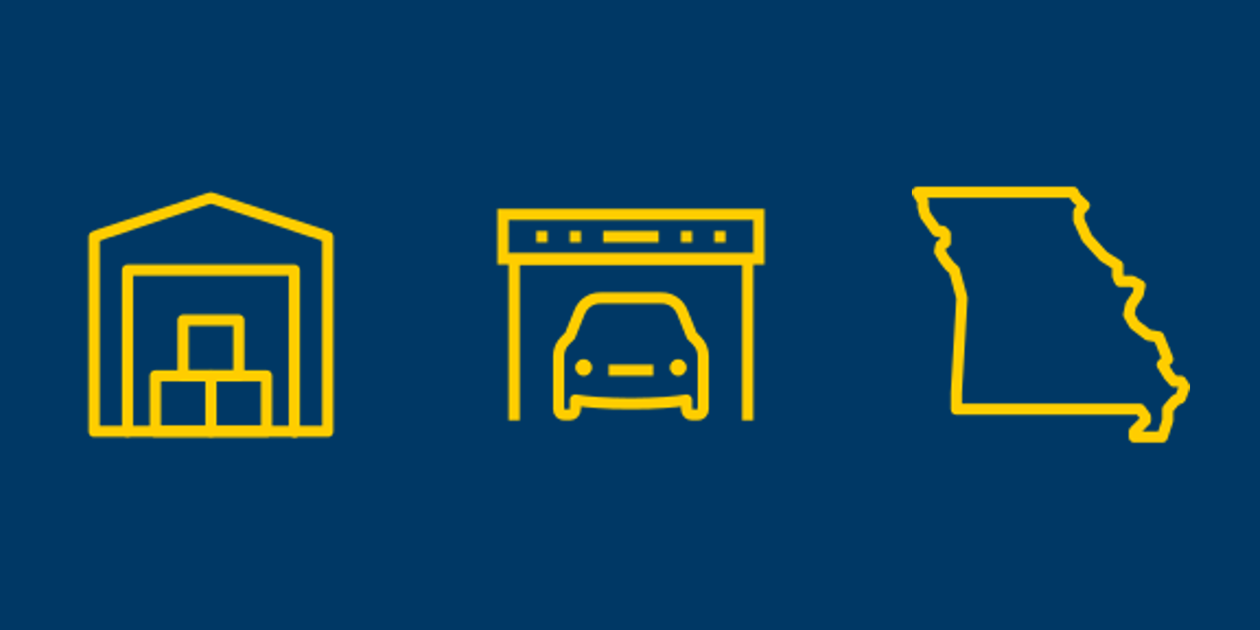 Self-storage, parking, and Missouri icons.