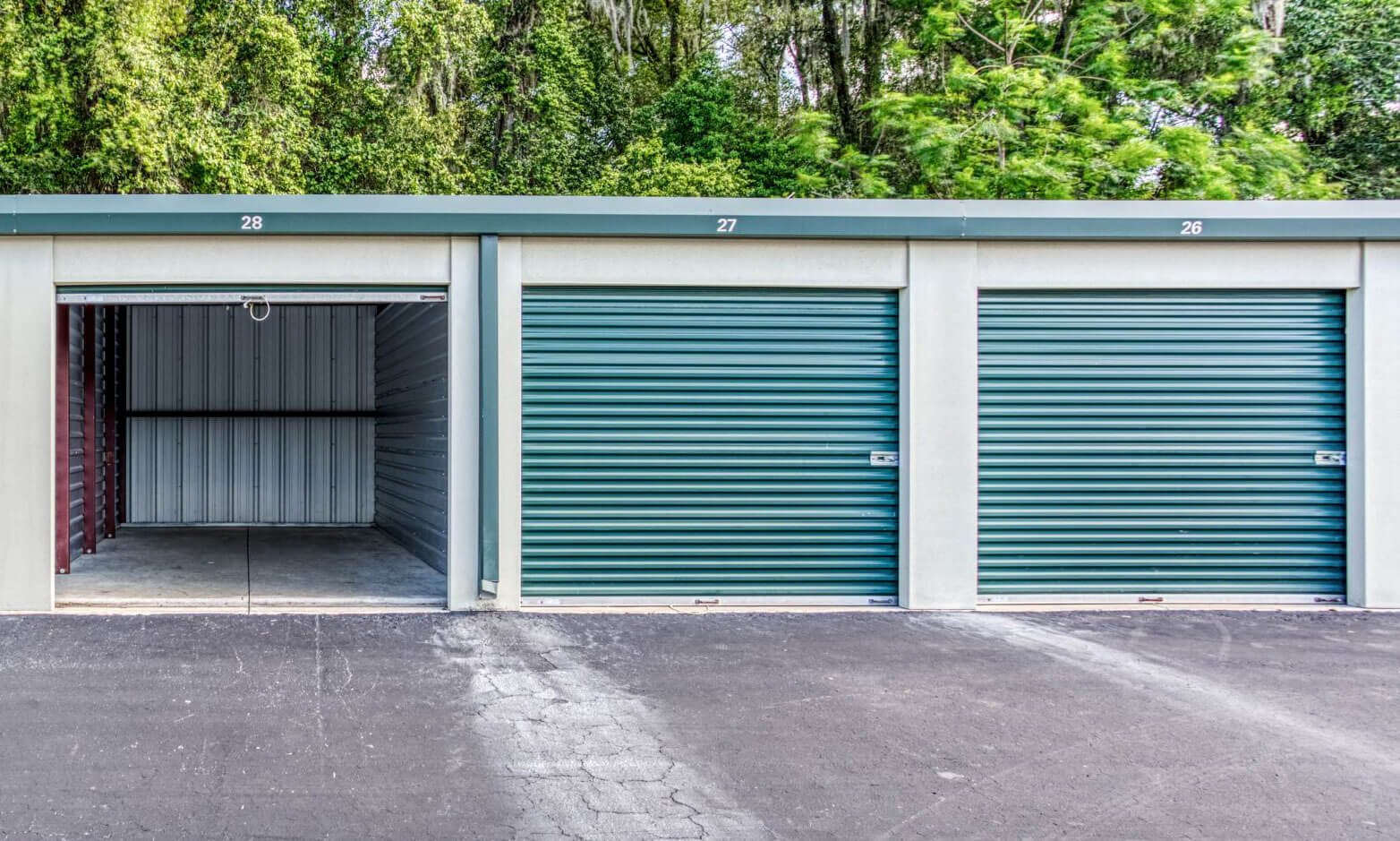 Self-storage unit with door open.